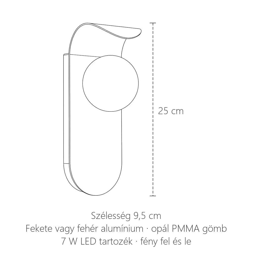 Ívelt lapos LED fali lámpa méretei: 25 cm magas, 9,5 cm széles