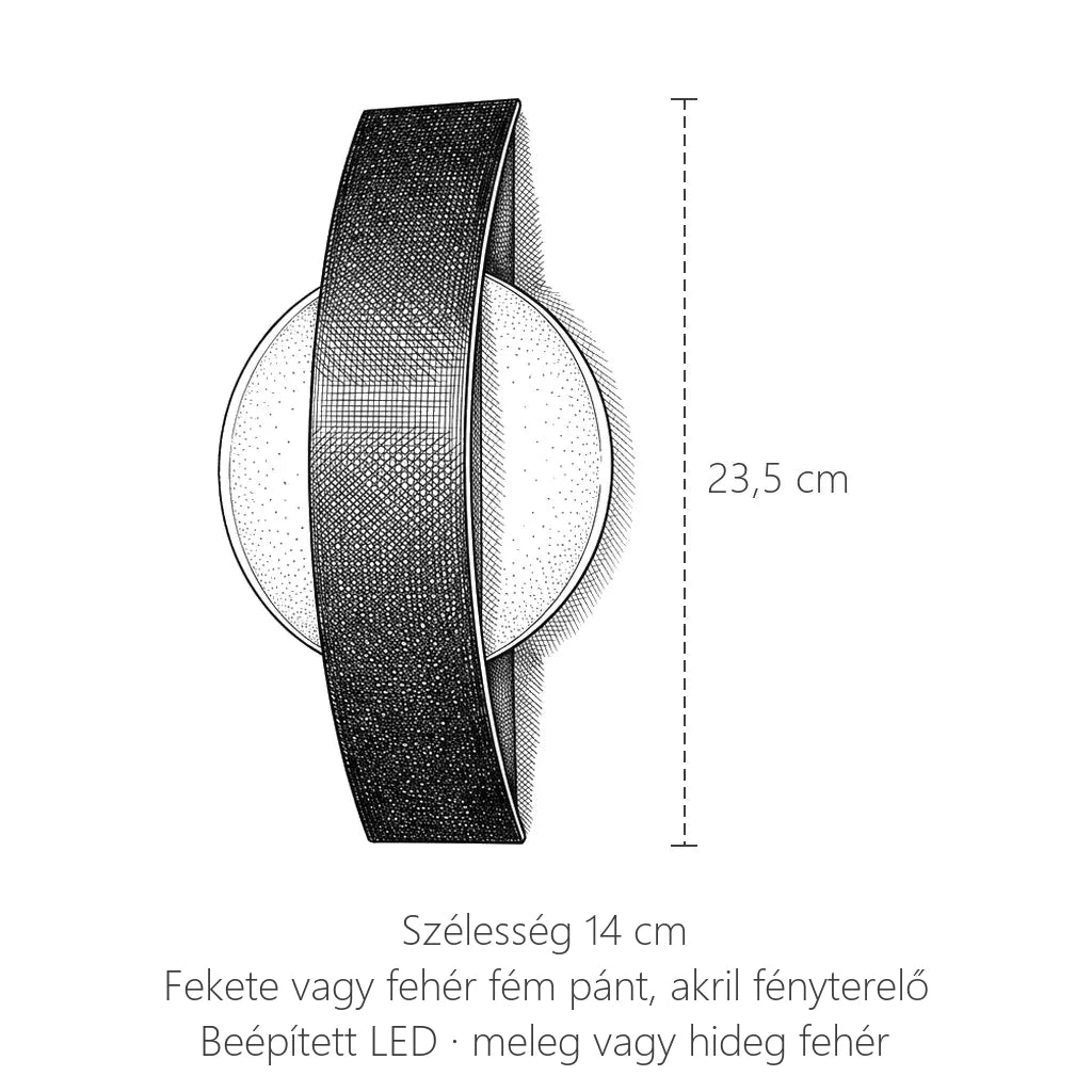 Íves pántos akril LED fali lámpa méretei: 23,5 × 14 cm