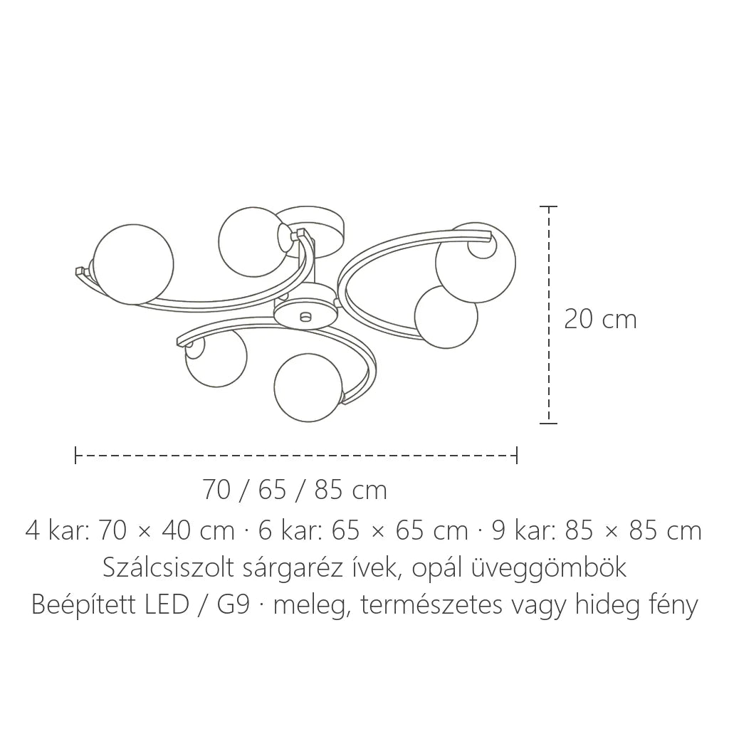 Íves gömbcsillár méretei: 65–85 cm, 20 cm magas