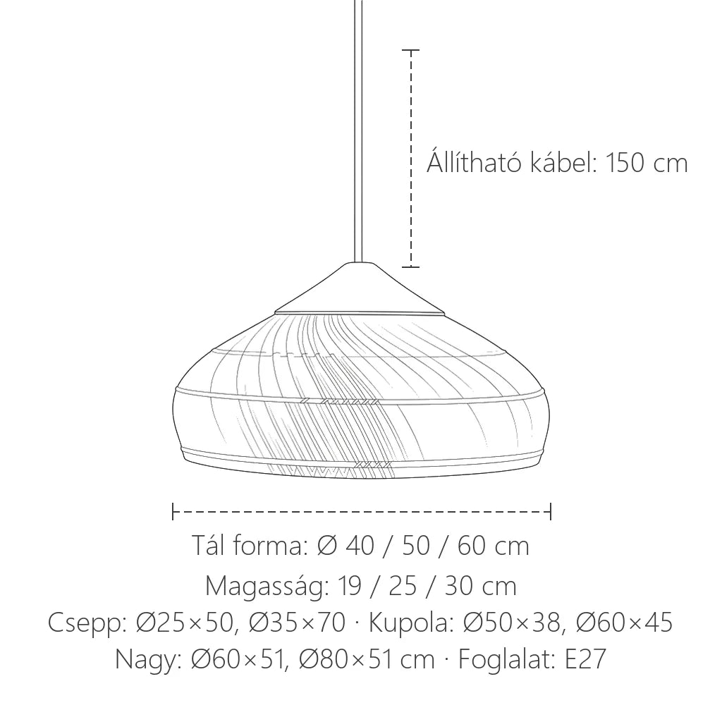 Japán rattan függesztő lámpa méretei formánként, 150 cm kábel