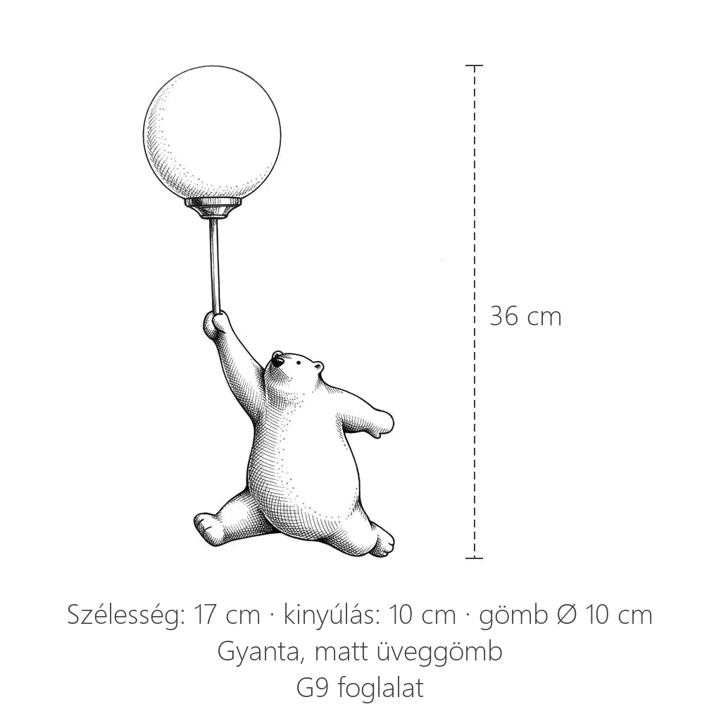 Jegesmedve léggömb fali lámpa méretei: 36 cm magas, 17 cm széles