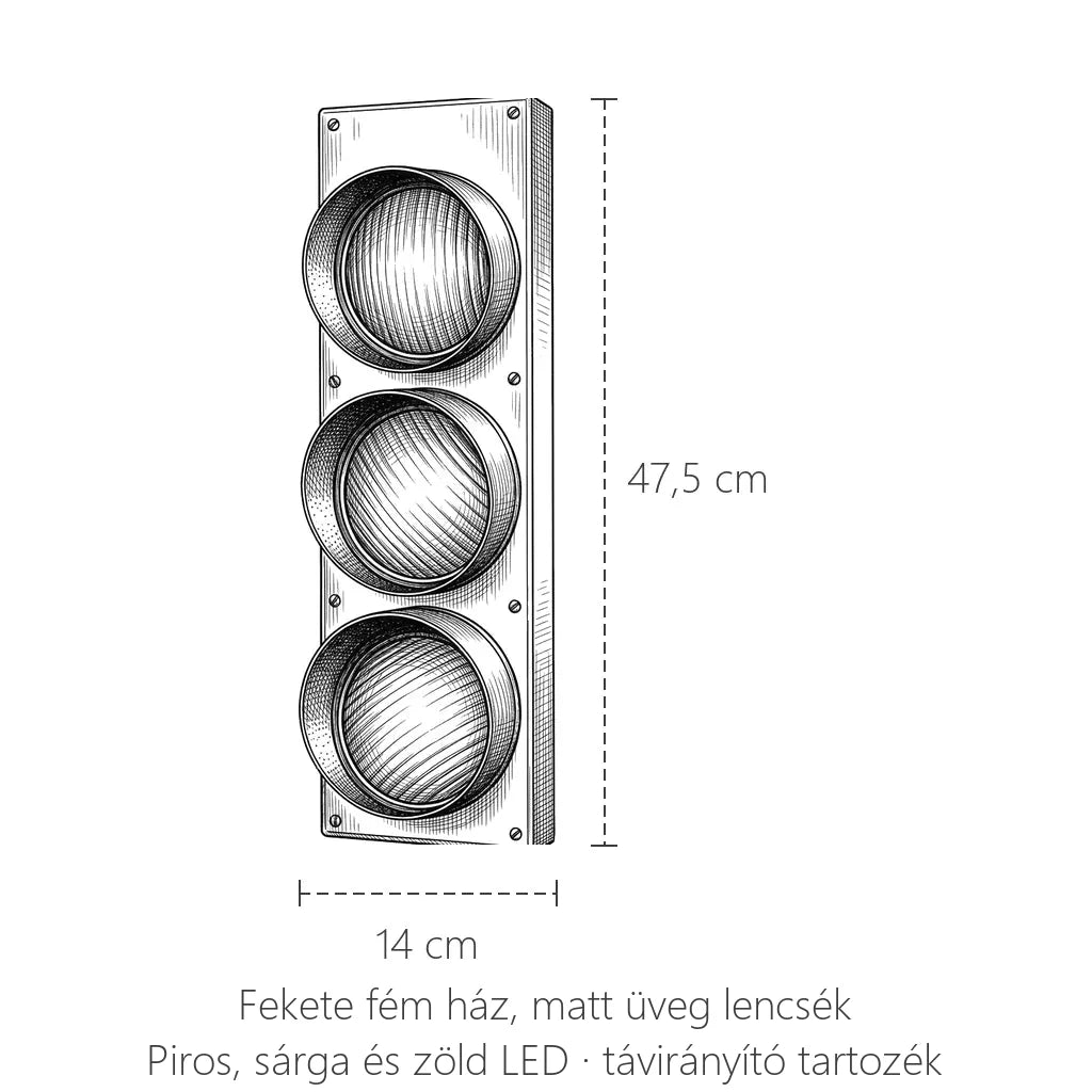 Jelzőlámpa formájú LED fali lámpa méretei: 47,5 × 14 cm