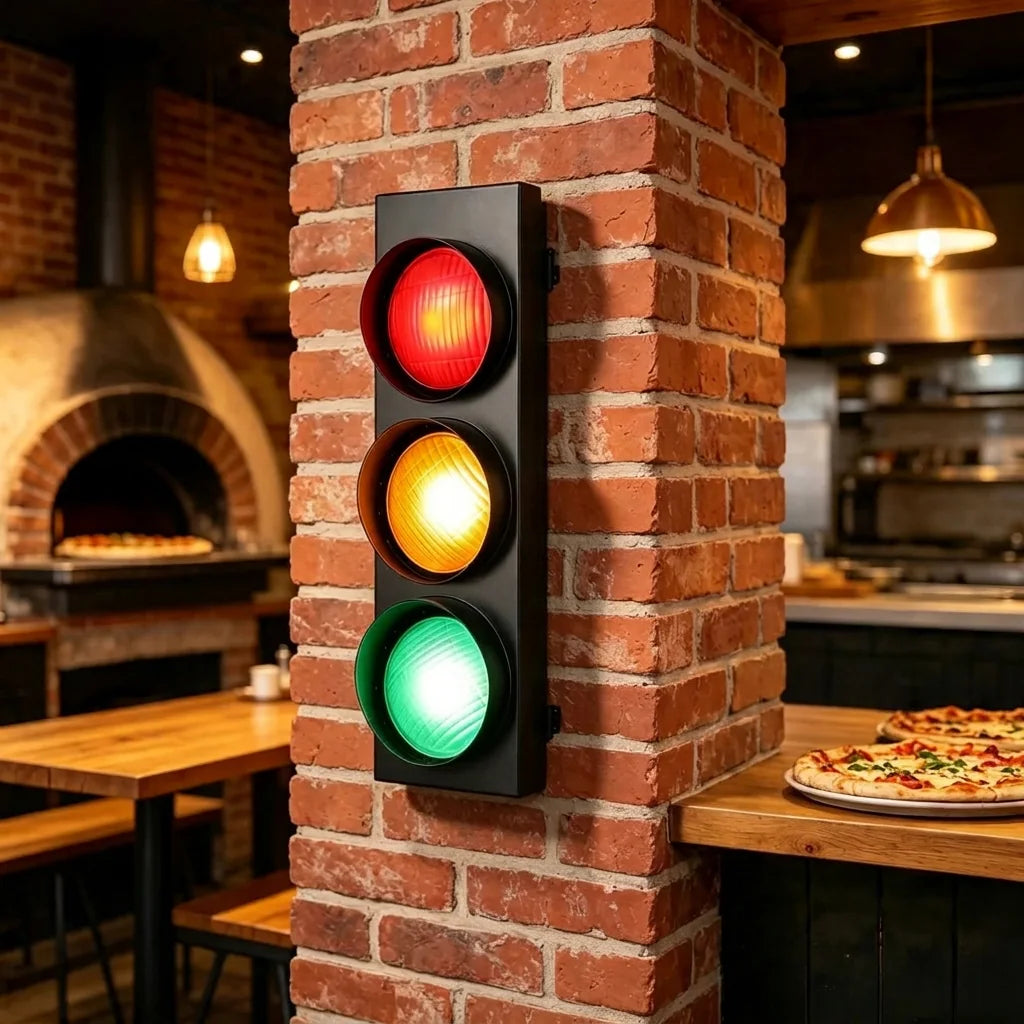 Jelzőlámpa fali lámpa egy pizzéria téglaoszlopán