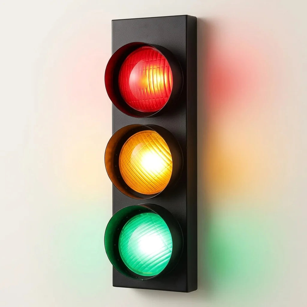 Közlekedési lámpa formájú LED fali lámpa fekete fém házban, világítva