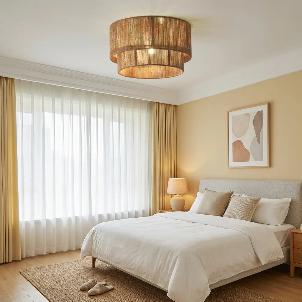 Jutakötél lámpa világos hálószobában