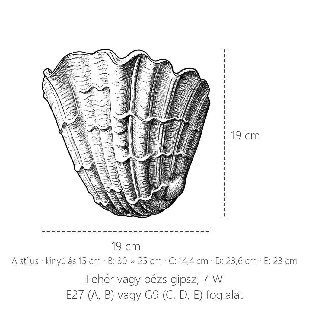 Kagyló alakú gipsz fali lámpa méretei: A stílus 19 × 19 cm