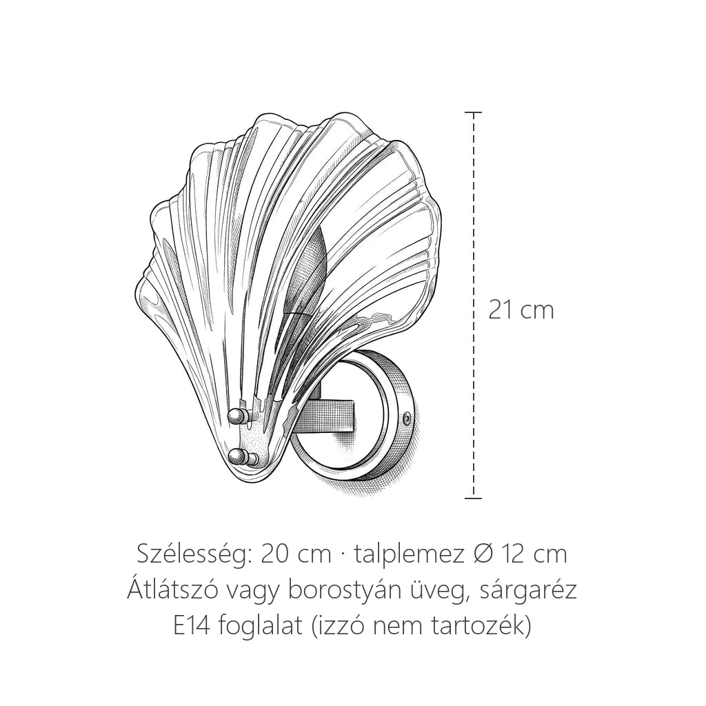 A kagyló alakú üveg fali lámpa méretei: 21 × 20 cm