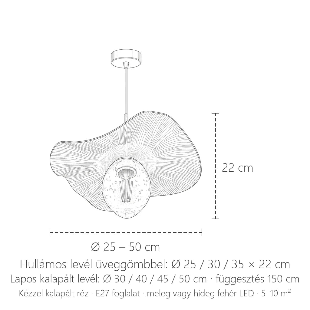 Réz lótuszlevél lámpa méretei: Ø 25–50 cm