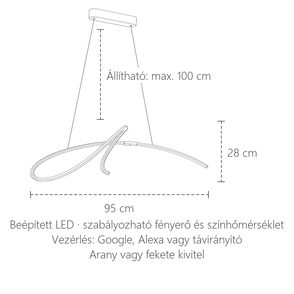 Kalligrafikus LED lámpa méretei: 95 cm, 28 cm magas, max. 100 cm