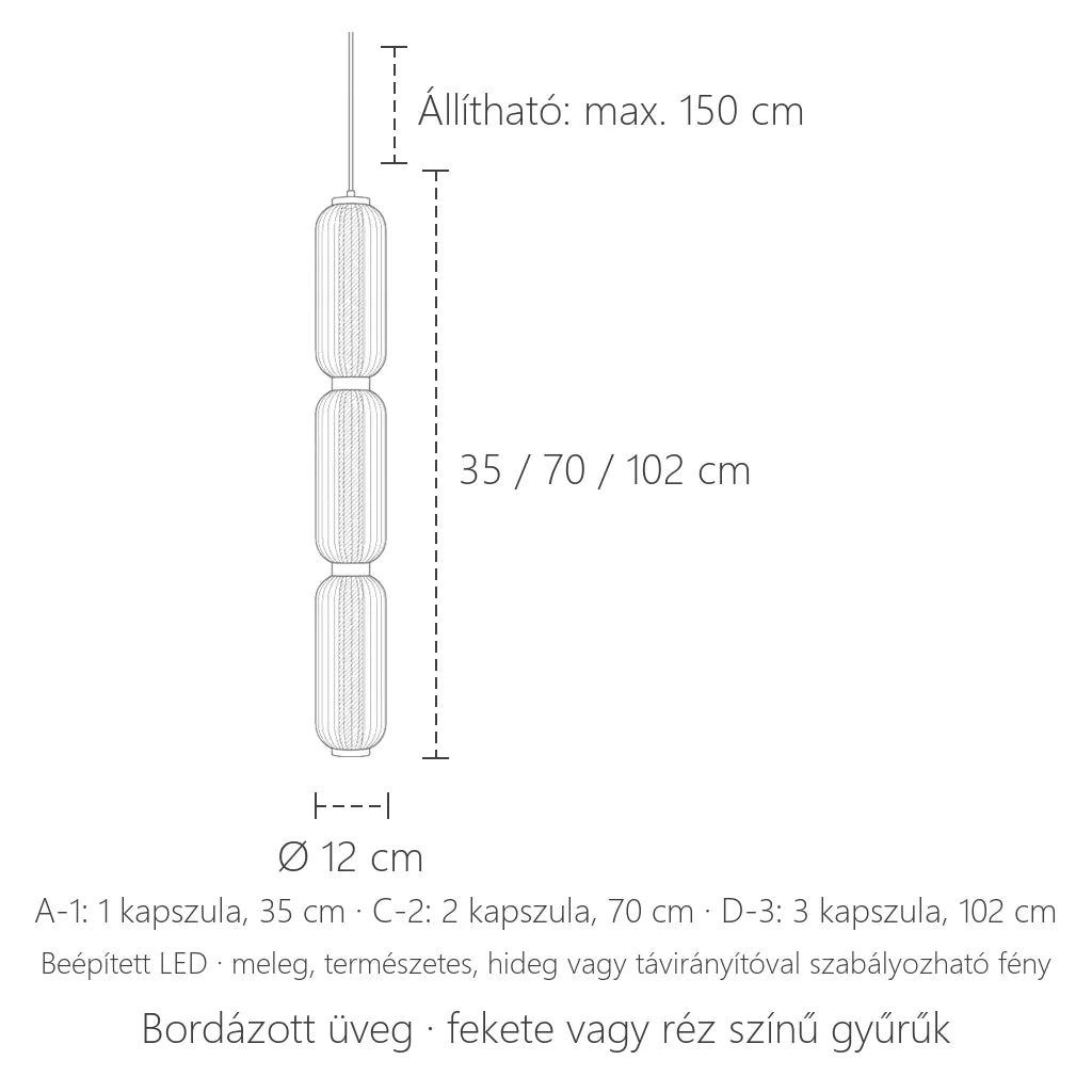 Kapszula függőlámpa méretei: Ø 12 cm, 35 / 70 / 102 cm