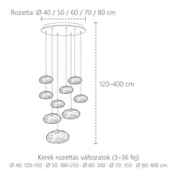 Kerek rozettás kaszkád csillár méretei: Ø 40–80 cm rozetta, 120–400 cm magasság