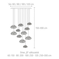 Sínes kaszkád csillár méretei: 60–120 cm sín, 150–300 cm magasság