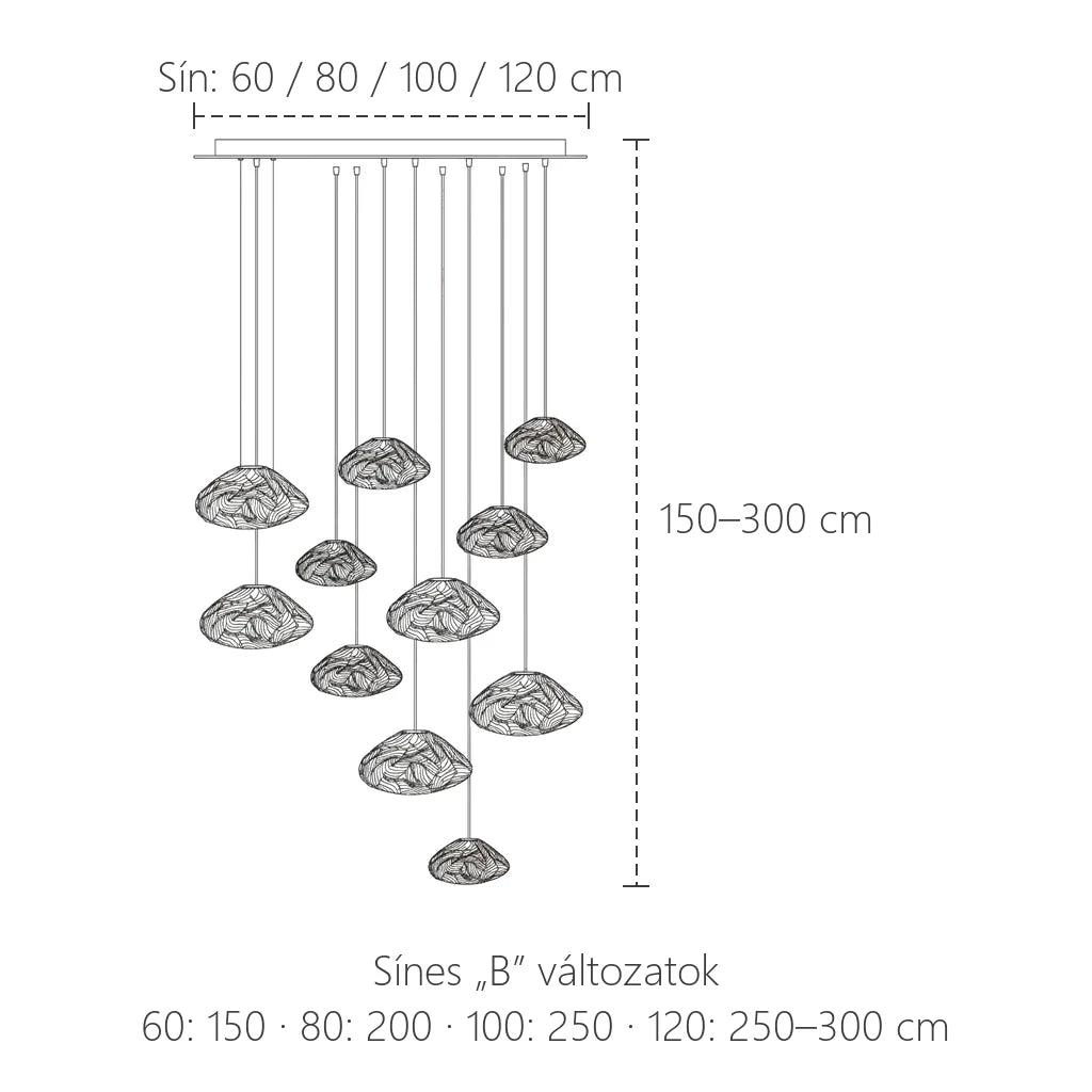 Sínes kaszkád csillár méretei: 60–120 cm sín, 150–300 cm magasság