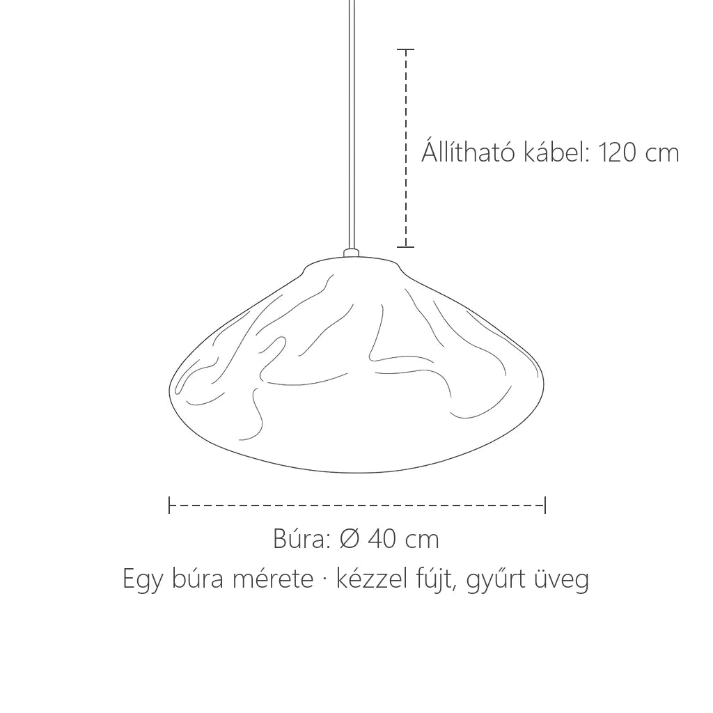 Egyfejes kaszkád üveg lámpa méretei: Ø40 cm búra, 120 cm kábel