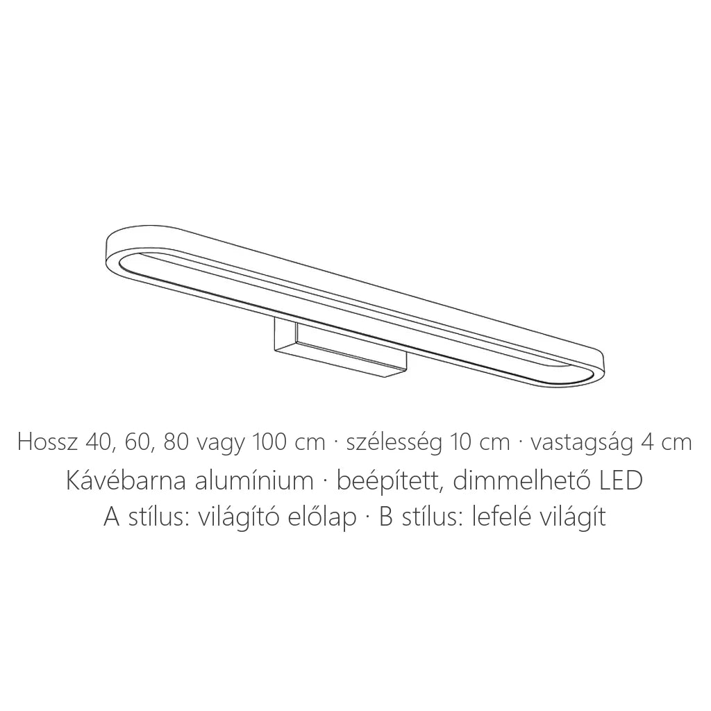 Kávébarna LED tükörlámpa méretei: 40–100 cm hosszú, 10 × 4 cm