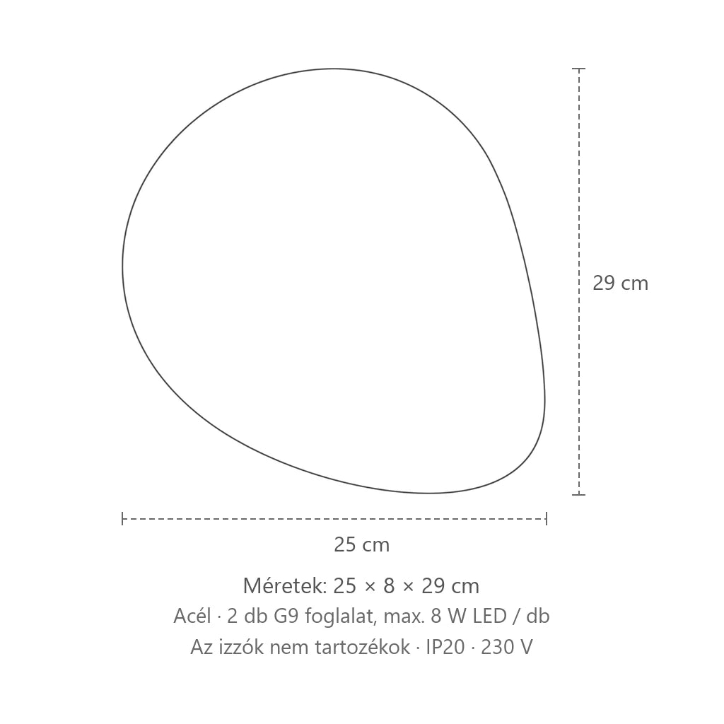 Kavics alakú acél fali lámpa méretei: 25 × 8 × 29 cm