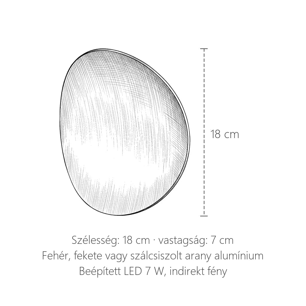 A kavics alakú LED fali lámpa méretei: 18 × 18 cm, vastagság 7 cm