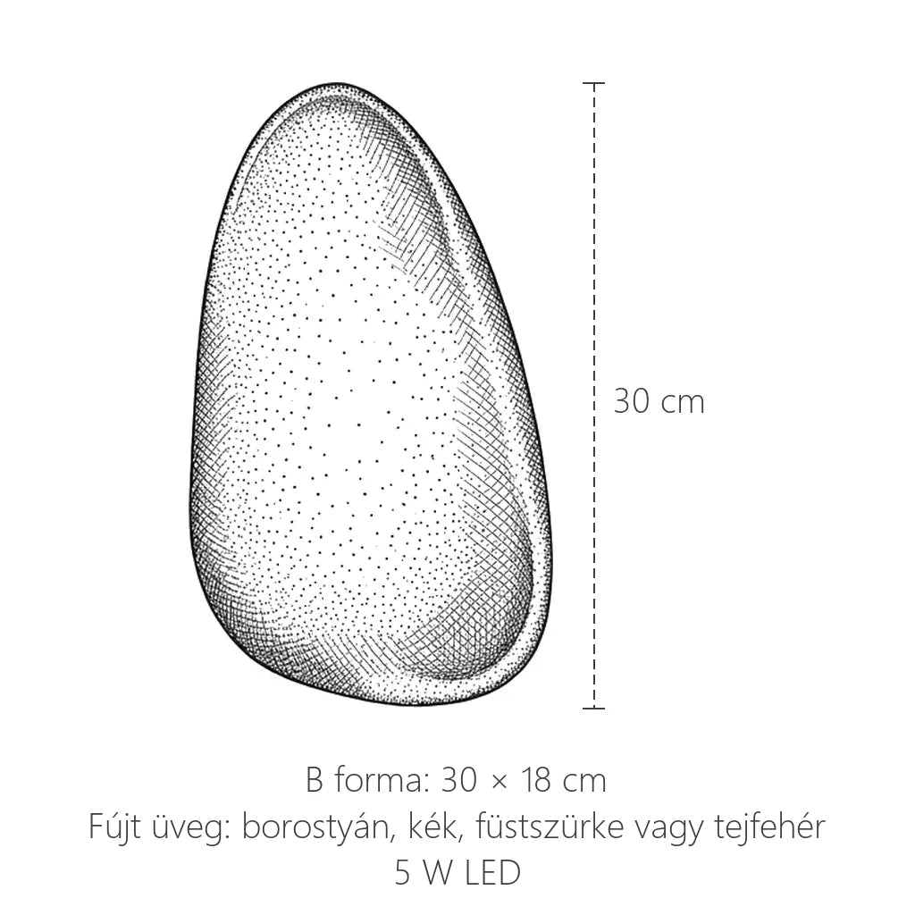 Kavics formájú fújt üveg fali lámpa méretei, B forma: 30 × 18 cm