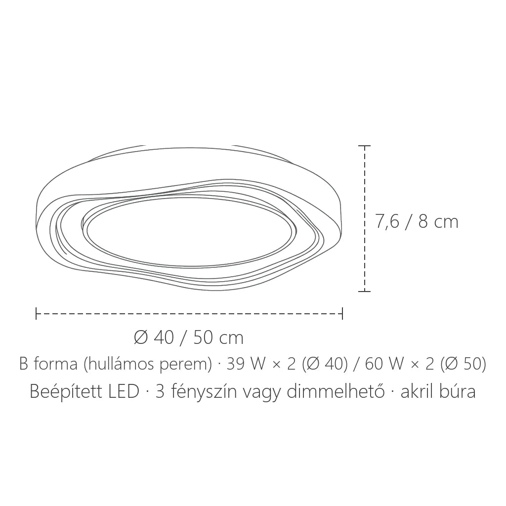 B forma méretei: Ø 40 vagy 50 cm, 7,6–8 cm magas