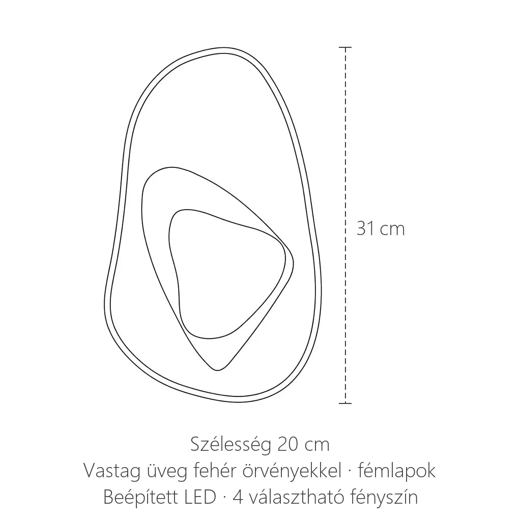 Kavics formájú üveg LED fali lámpa méretei: 31 cm magas, 20 cm széles