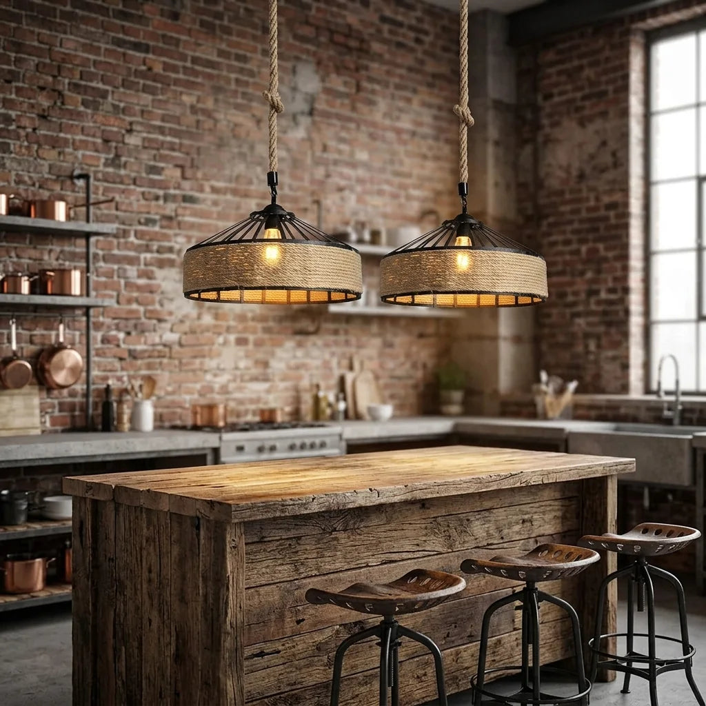 Kenderkötél lámpák rusztikus loft konyhában
