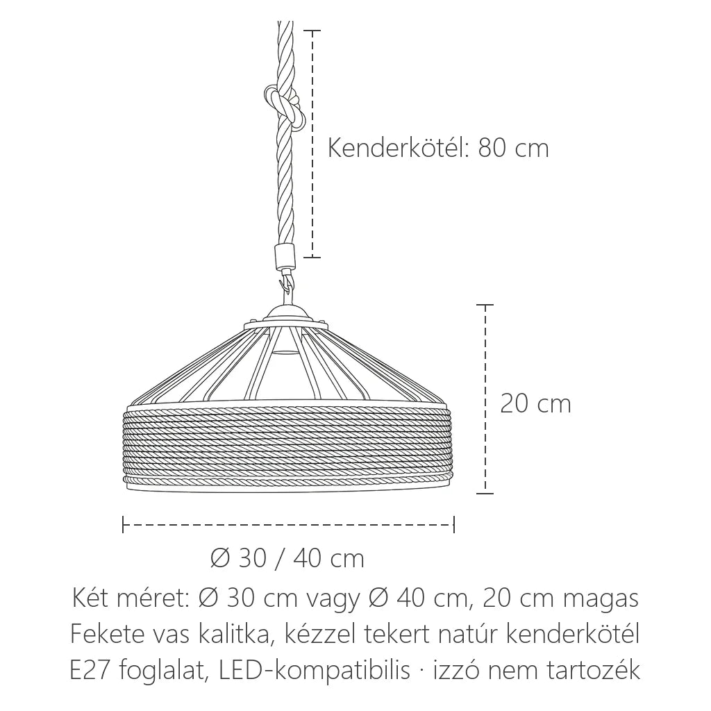 Kenderkötél lámpa méretei: Ø 30 / 40 cm, 20 cm magas