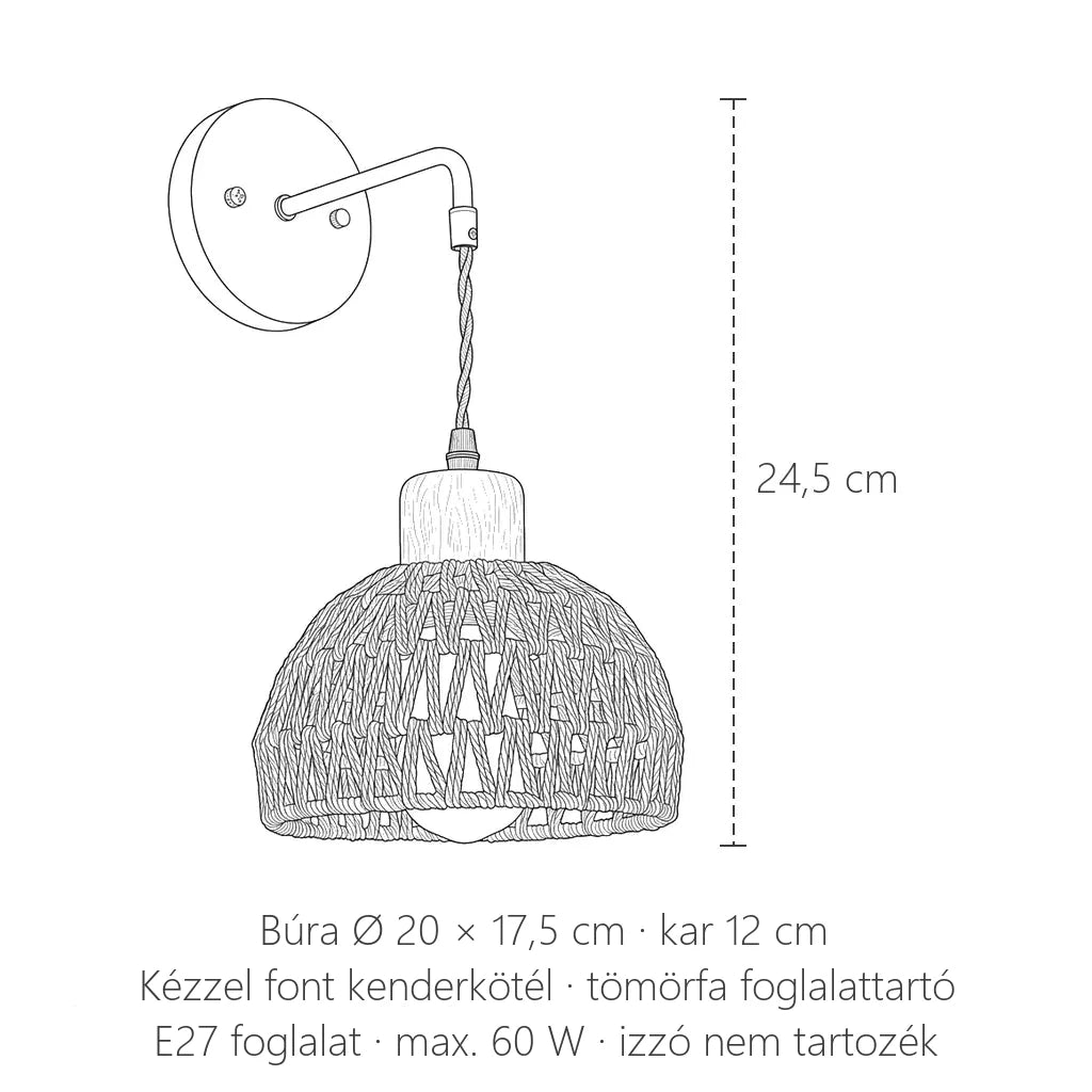 Kenderkötél kupola fali lámpa méretei: 24,5 cm magas, Ø 20 cm