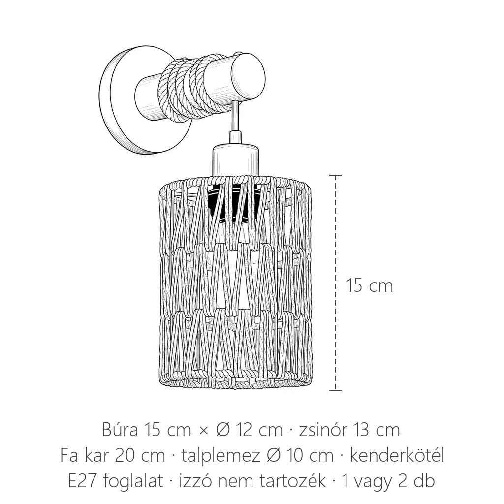Kenderkötél fali lámpa méretei: búra 15 cm × Ø 12 cm, fa kar 20 cm