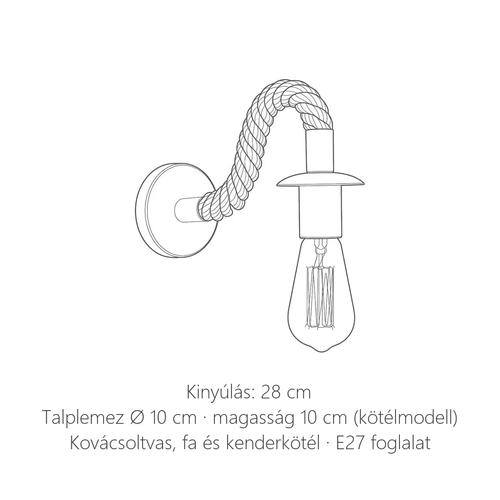 Kenderköteles fali lámpa méretei: 28 cm kinyúlás