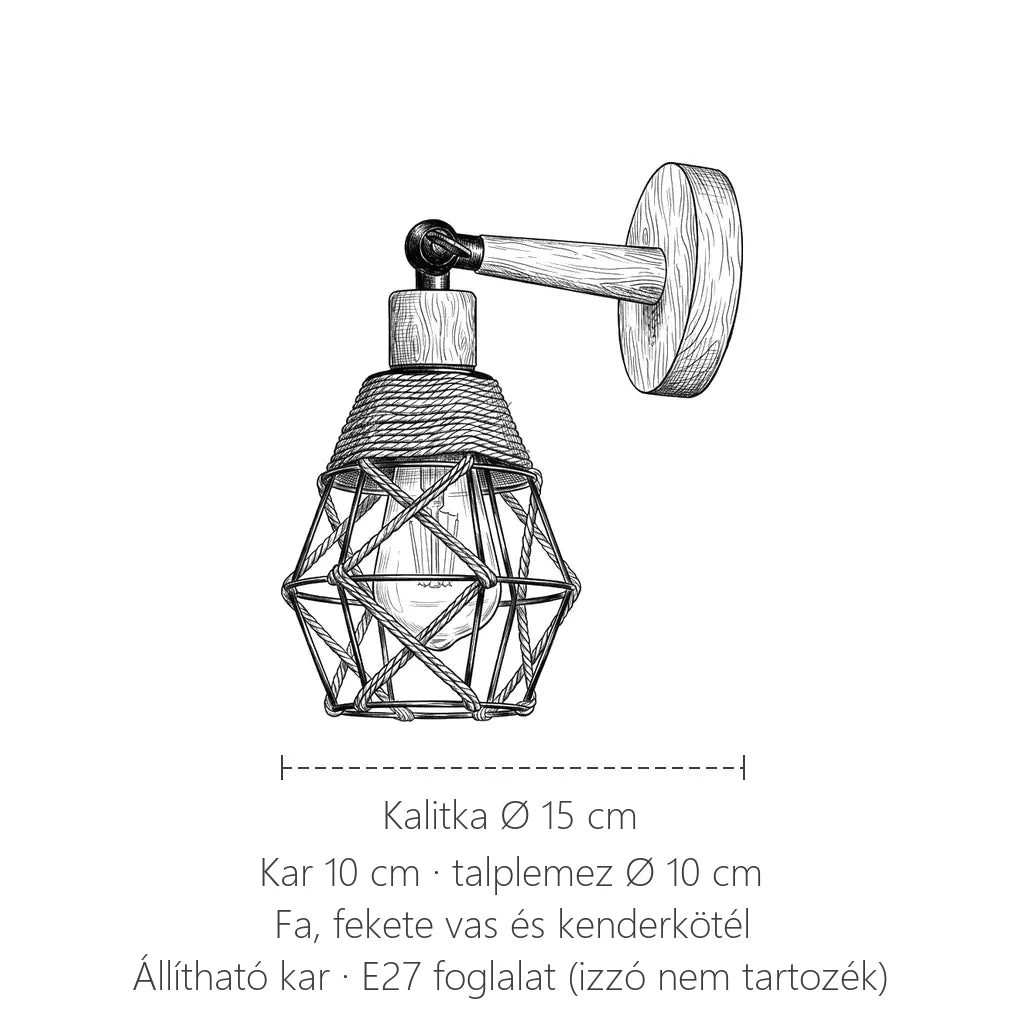 A kenderköteles kalitkás fali lámpa méretei: kalitka Ø 15 cm