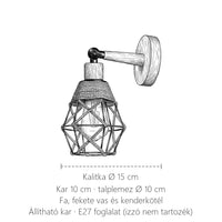 A kenderköteles kalitkás fali lámpa méretei: kalitka Ø 15 cm