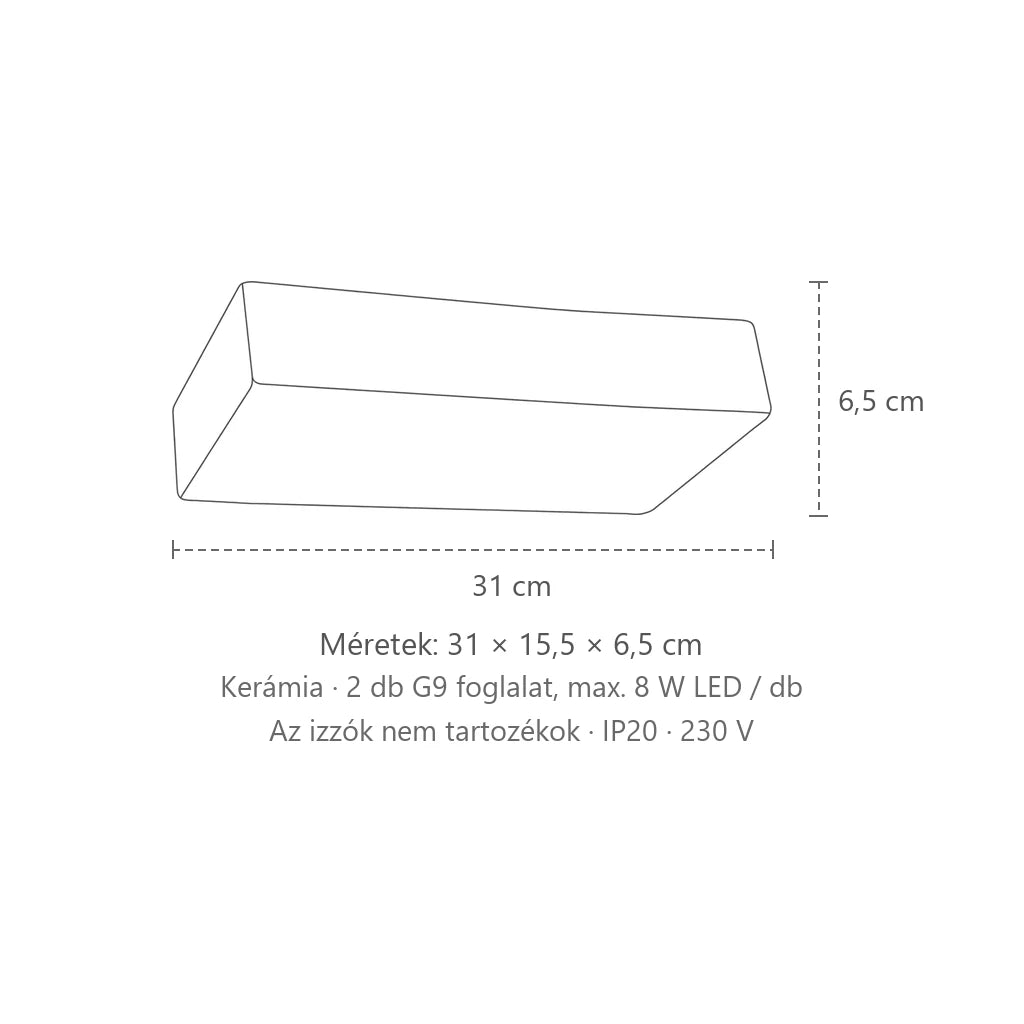 Kerámia hasáb fali lámpa méretei: 31 × 15,5 × 6,5 cm