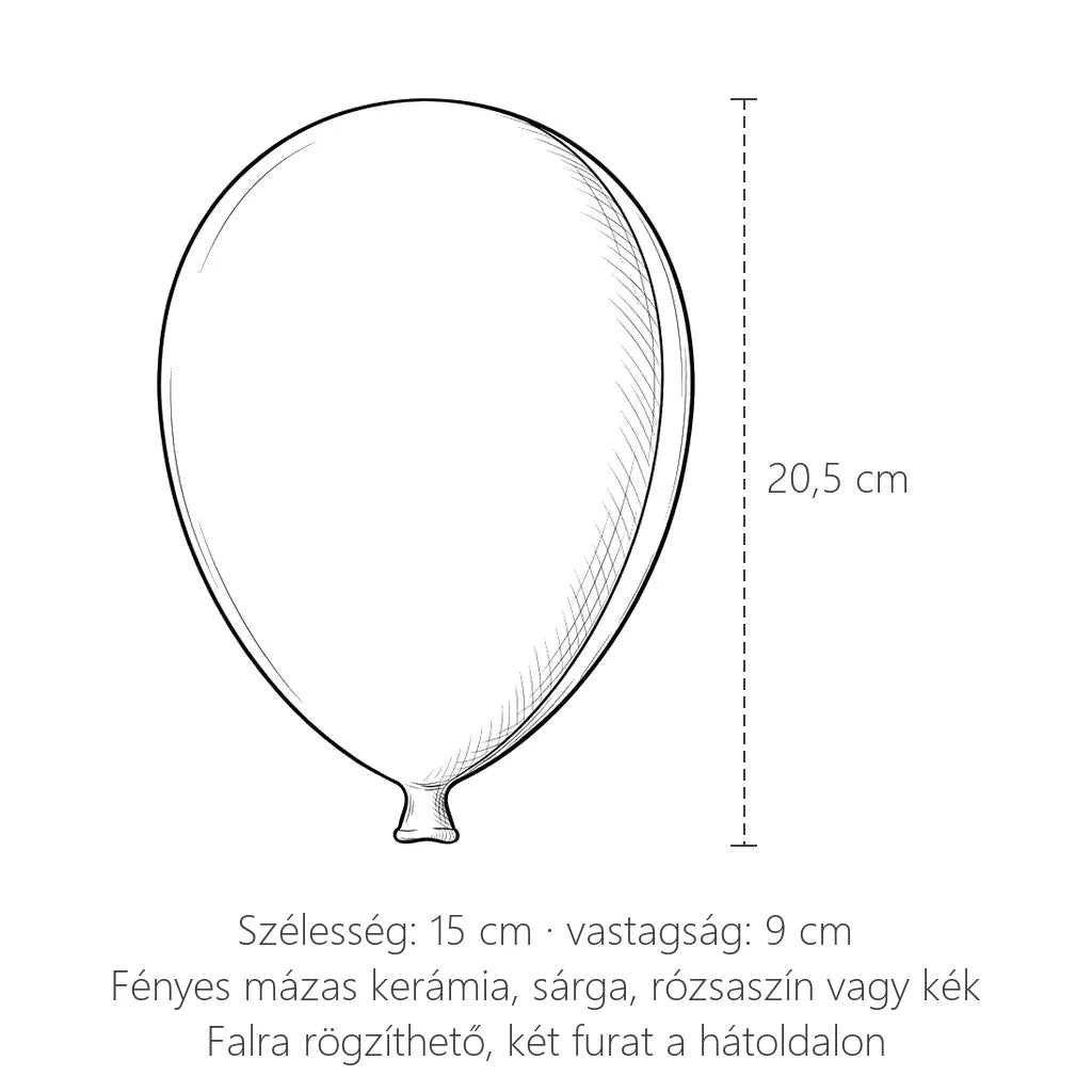 Kerámia lufi fali dekoráció méretei: 20,5 cm magas, 15 cm széles, 9 cm vastag
