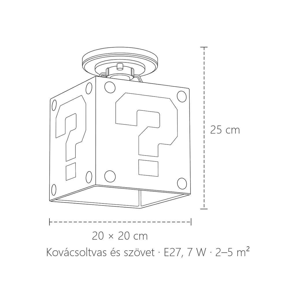 Kérdőjeles kocka lámpa méretei: 20 × 20 cm, 25 cm magas