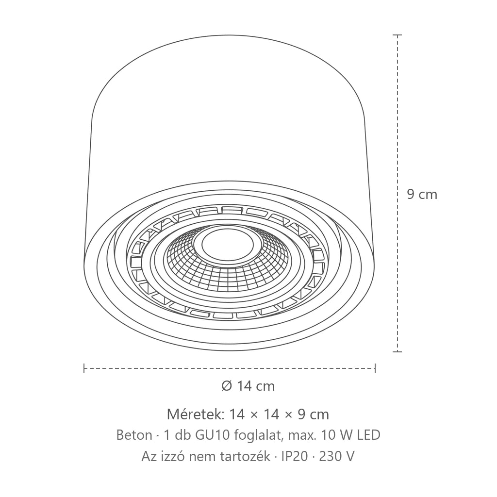Kerek beton vagy fa mennyezeti spotlámpa méretei (1 spot – beton): 14 × 14 × 9 cm