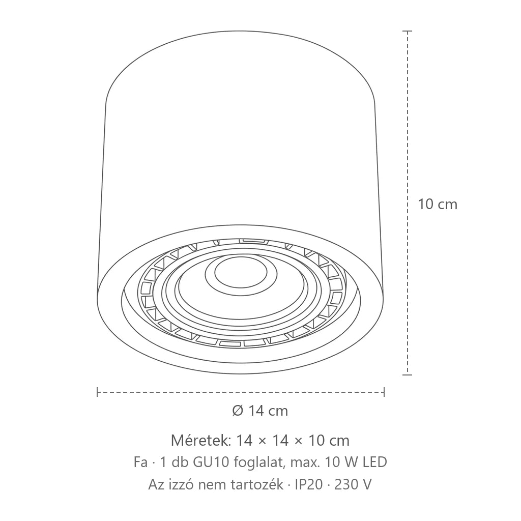 Kerek beton vagy fa mennyezeti spotlámpa méretei (1 spot – fa): 14 × 14 × 10 cm