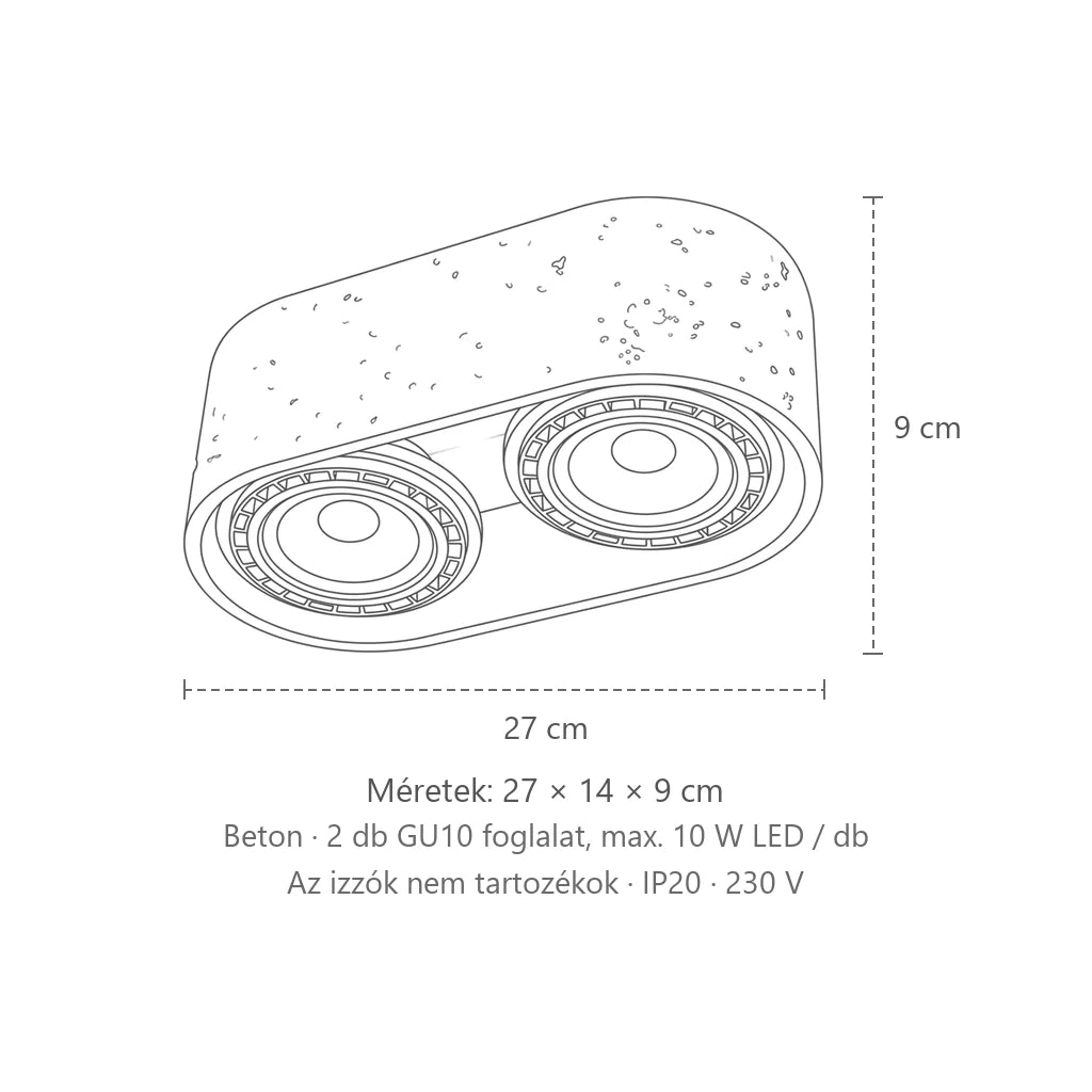 Kerek beton vagy fa mennyezeti spotlámpa méretei (2 spot – beton): 27 × 14 × 9 cm