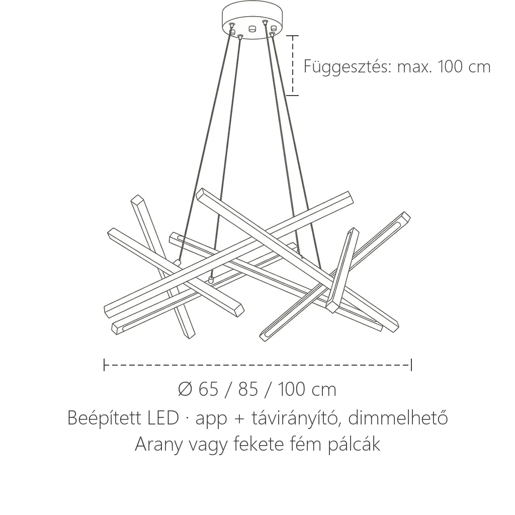 Pálcás LED csillár méretei: Ø 65 / 85 / 100 cm, függesztés 100 cm
