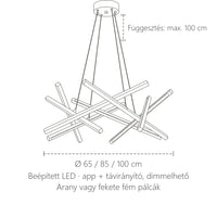 Pálcás LED csillár méretei: Ø 65 / 85 / 100 cm, függesztés 100 cm