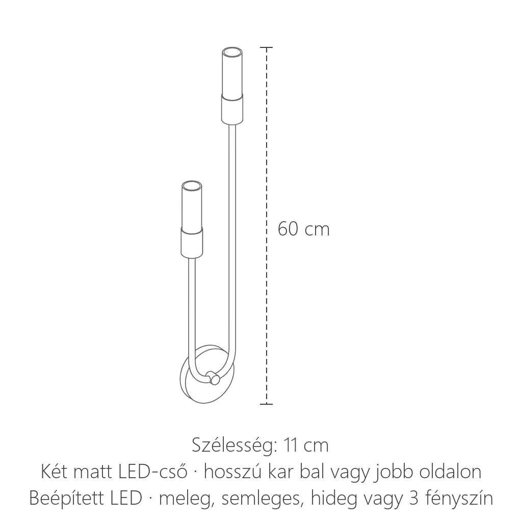 Két csöves art deco LED fali lámpa méretei: 60 cm magas, 11 cm széles