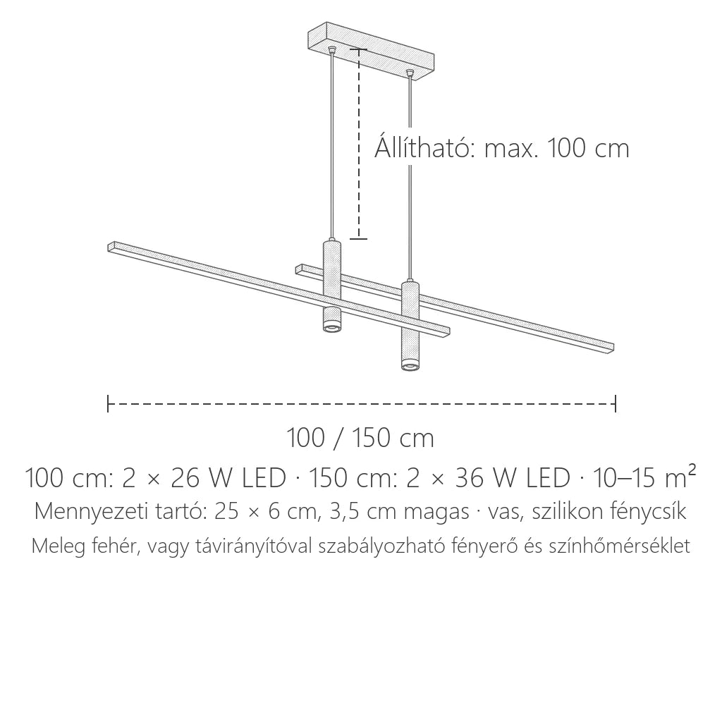Kétrudas LED lámpa méretei: 100 / 150 cm, max. 100 cm függesztés