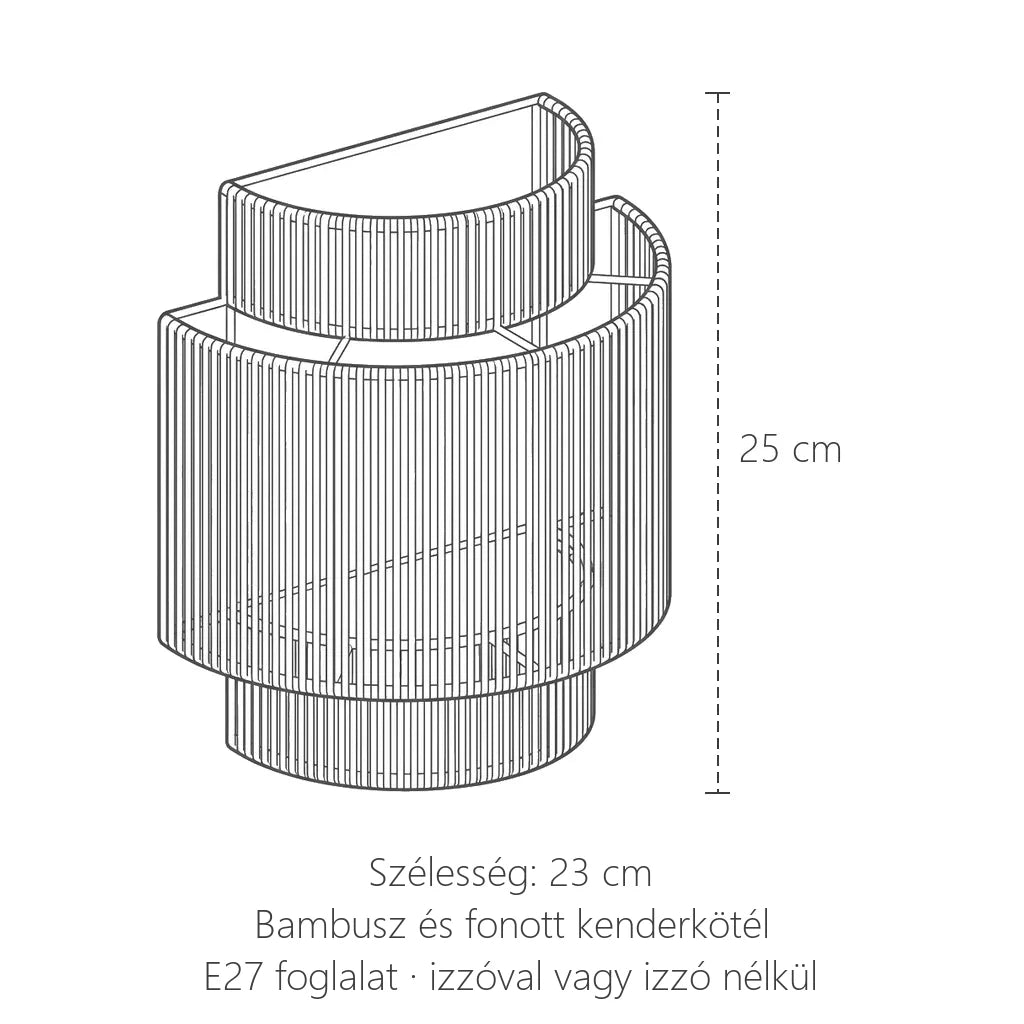 Kétszintes kenderkötél fali lámpa méretei: 25 cm magas, 23 cm széles