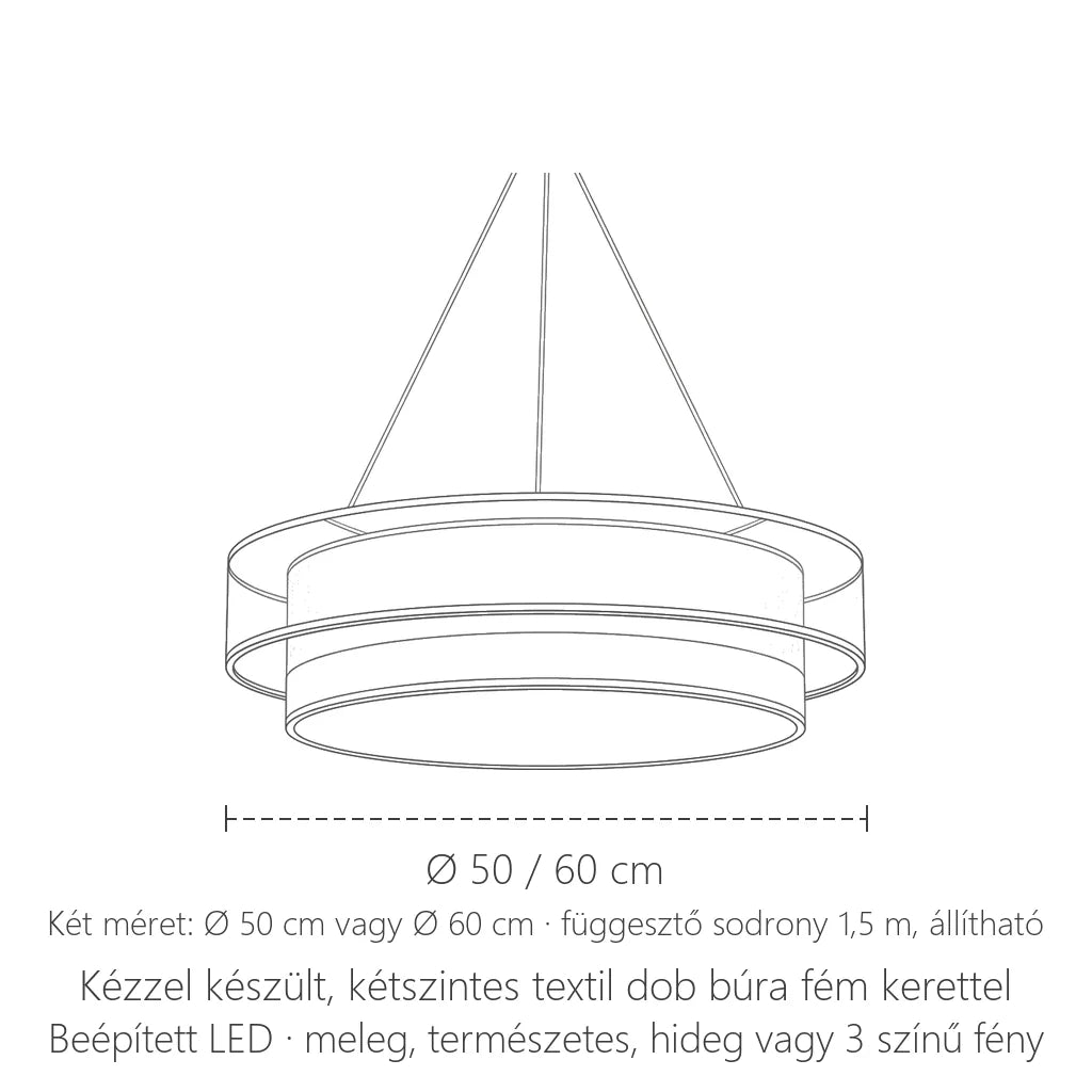 Textil dob csillár méretei: Ø 50 / 60 cm