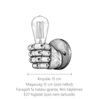 Kéz formájú gyanta fali lámpa méretei: 12 cm magas, kinyúlás 15 cm