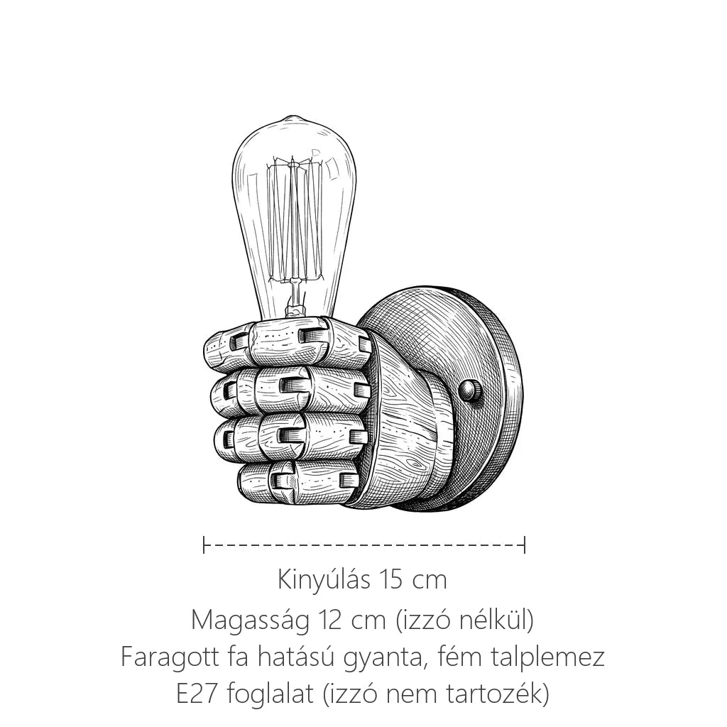 Kéz formájú gyanta fali lámpa méretei: 12 cm magas, kinyúlás 15 cm