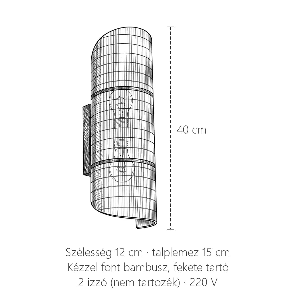 A kézzel font bambusz fali lámpa méretei: magasság 40 cm, szélesség 12 cm