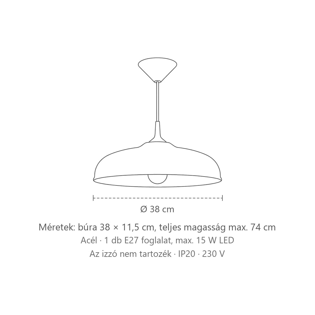 Kiszélesedő acél kupola függőlámpa ø 38 cm méretei: búra 38 × 11,5 cm, teljes magasság max. 74 cm