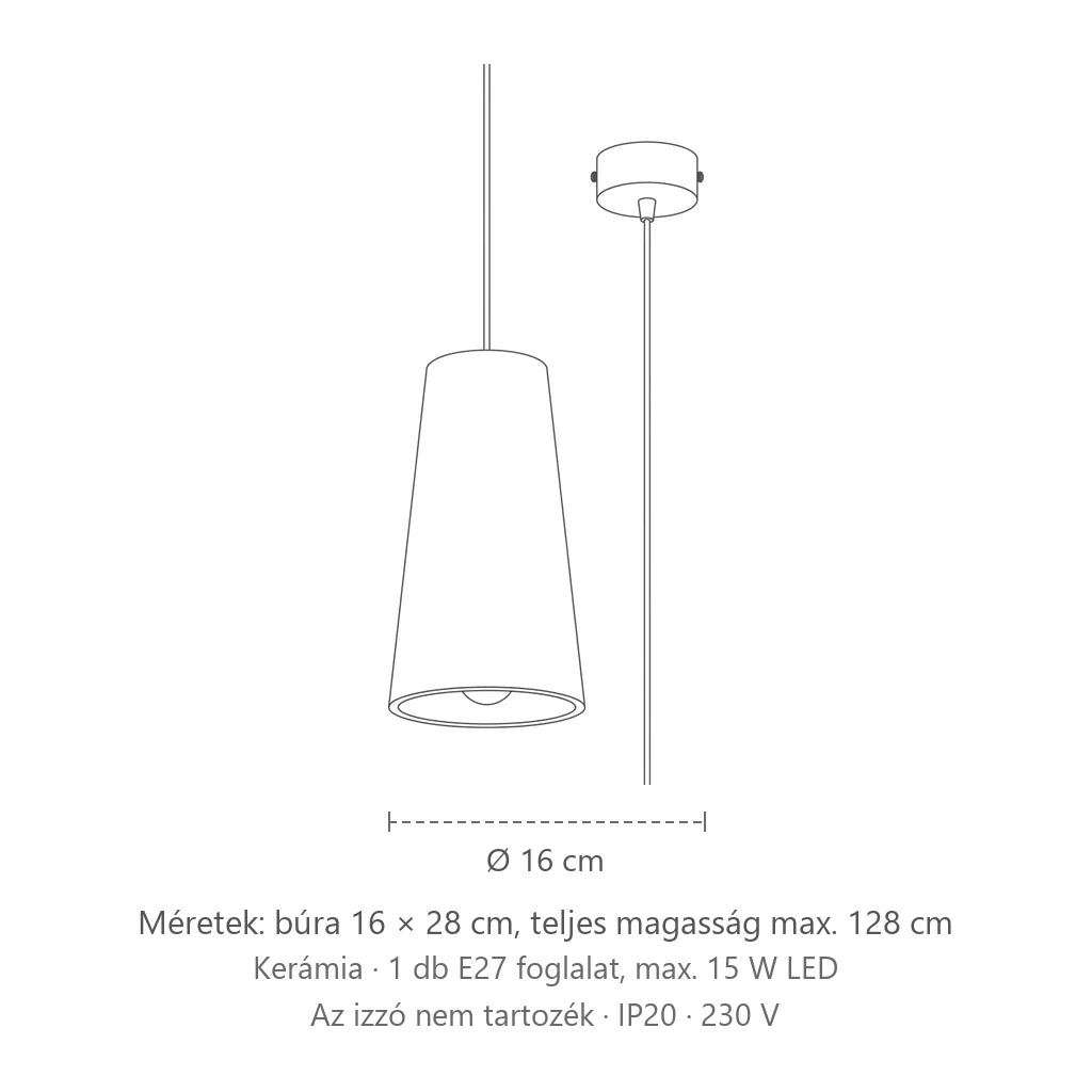 Kiszélesedő kúp fehér kerámia függőlámpa méretei: búra 16 × 28 cm, teljes magasság max. 128 cm