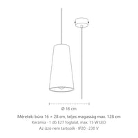 Kiszélesedő kúp fehér kerámia függőlámpa méretei: búra 16 × 28 cm, teljes magasság max. 128 cm