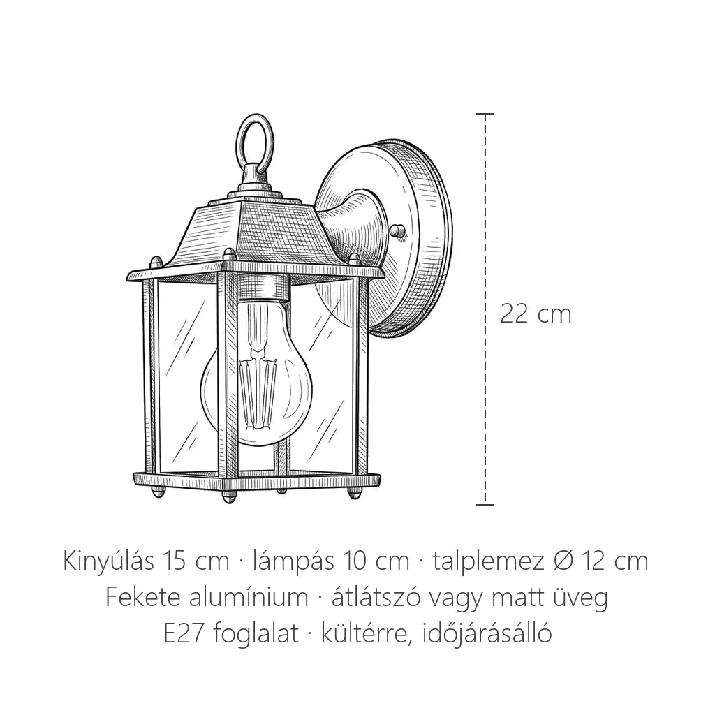 Klasszikus kültéri lámpás fali lámpa méretei: 22 cm magas, kinyúlás 15 cm